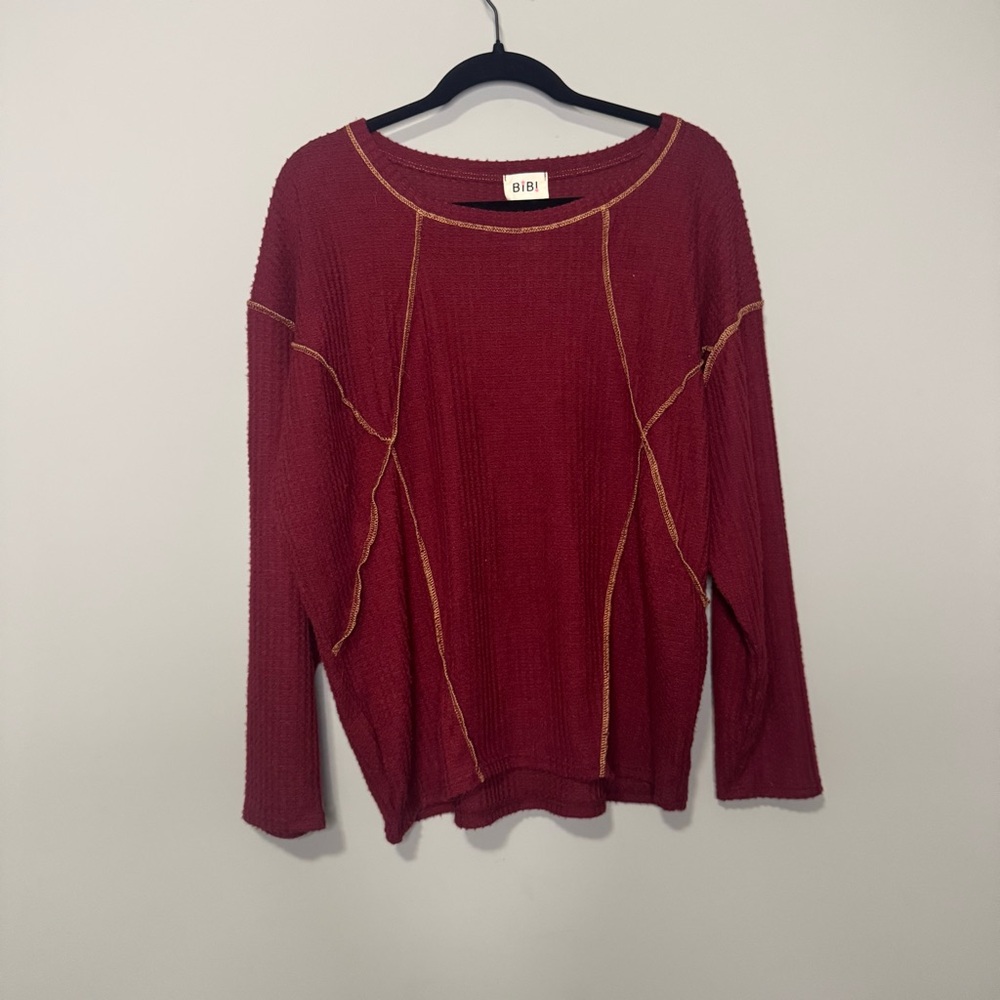 BiBi Womens Burgundy Waffle Knit Exposed Stitch Long Sleeve Top Medium